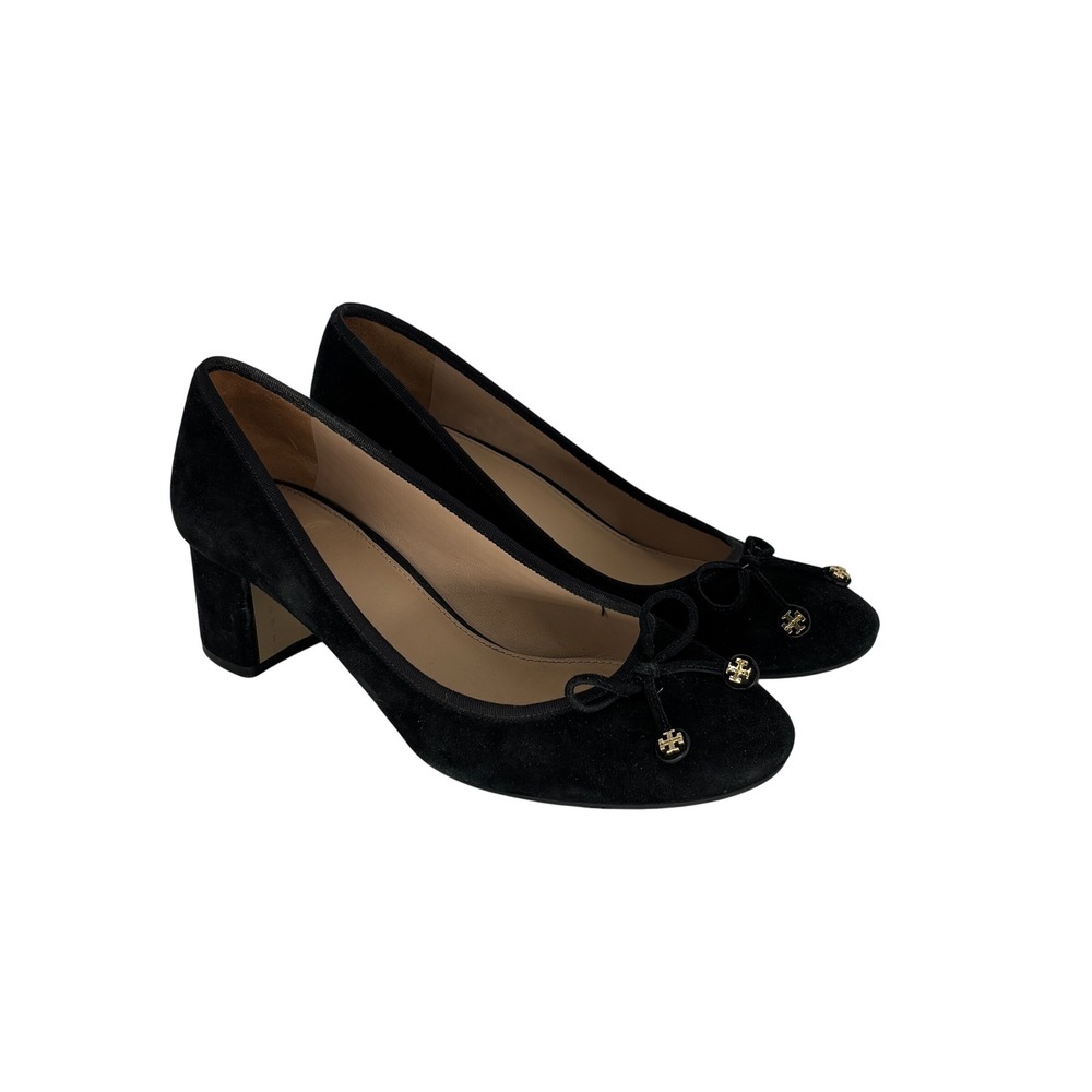 Tory Burch Laila Suede Pumps Black Women Size 9 Block Heel Bow Charm Classic
